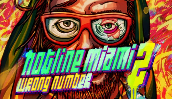 Couverture jeu Hotline Miami 2, personnage lunettes.