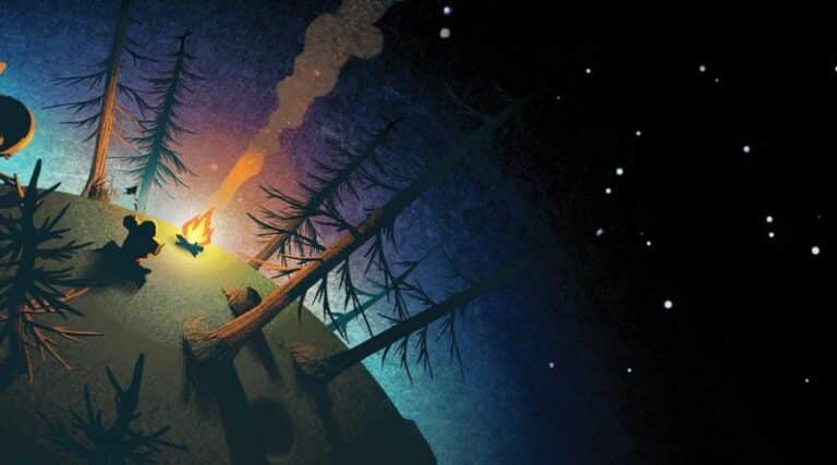 Paysage nocturne avec feu de camp et étoiles.