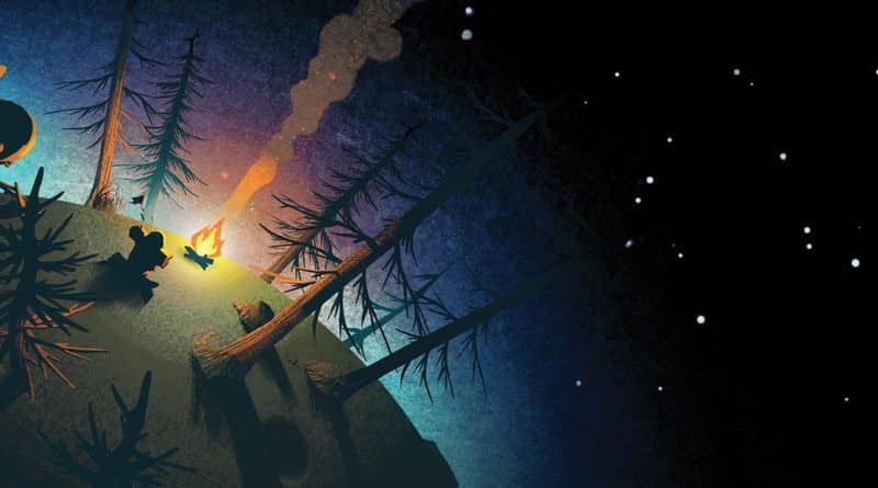 Paysage nocturne avec feu de camp et étoiles.