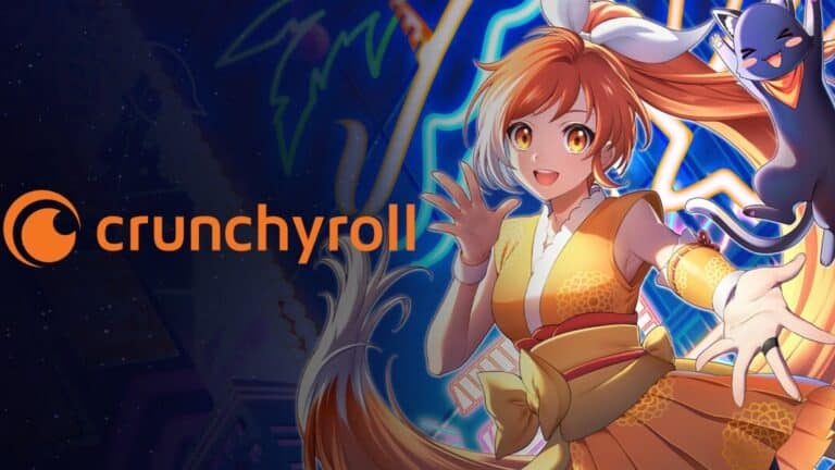 Personnage d'anime avec logo Crunchyroll luminescent.