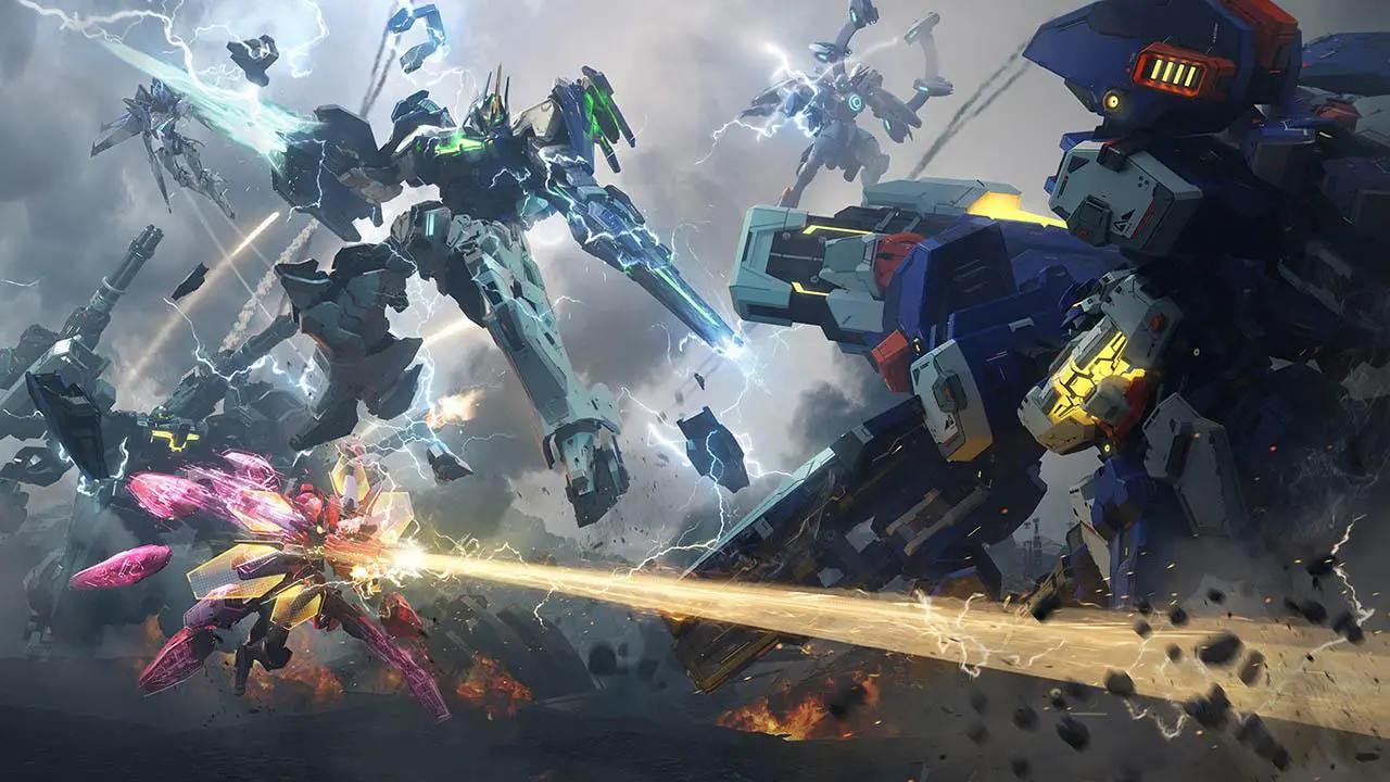 Bataille épique de méchas dans un orage lumineux.