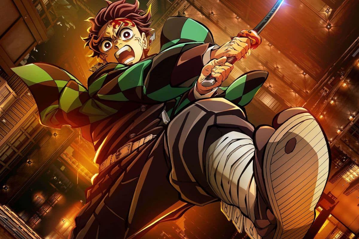 Personnage d'anime avec épée, ambiance dynamique.