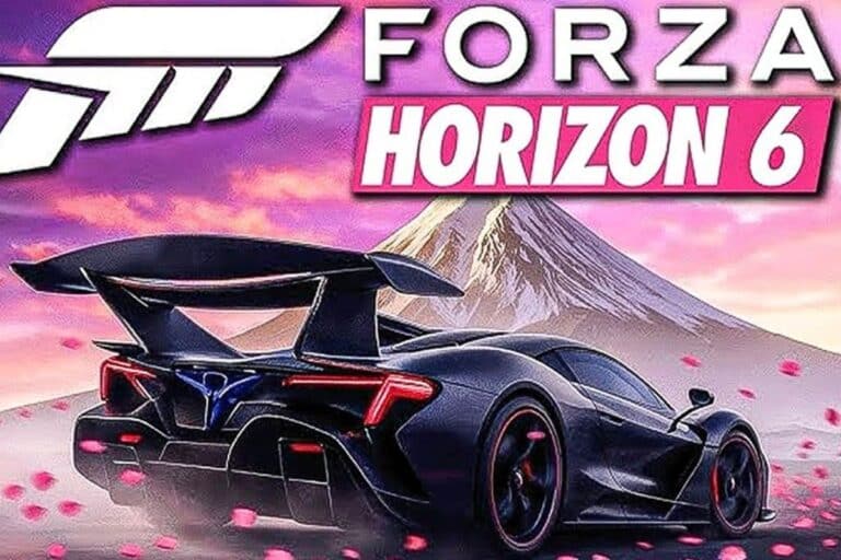 Voiture noire, montagne et pétales roses, Forza Horizon 6.