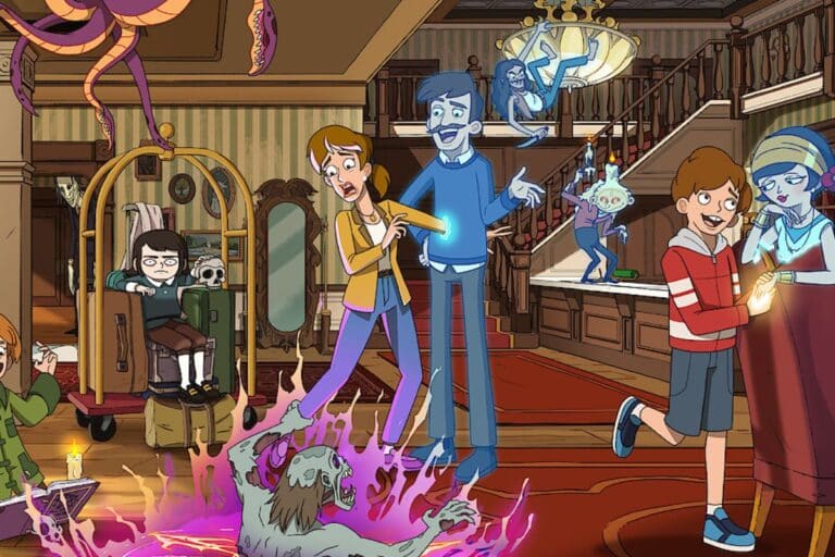 Personnages animés dans un manoir hanté.