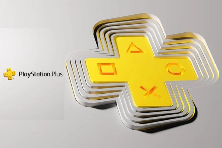 Logo PlayStation Plus jaune sur fond gris.
