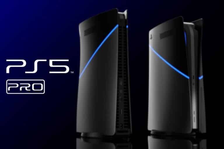 Deux consoles PS5 Pro noires avec lumière bleue.