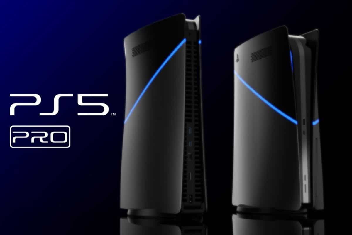Deux consoles PS5 Pro noires avec lumière bleue.
