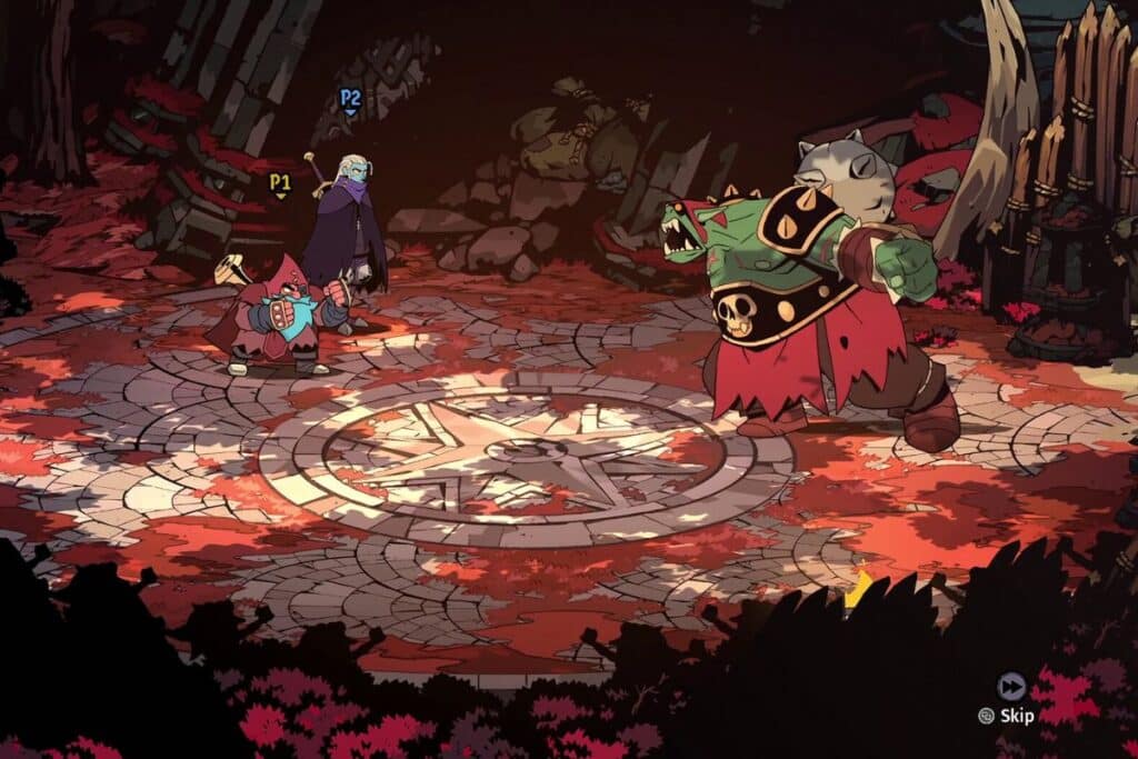 Combat de personnages dans une arène fantastique colorée.