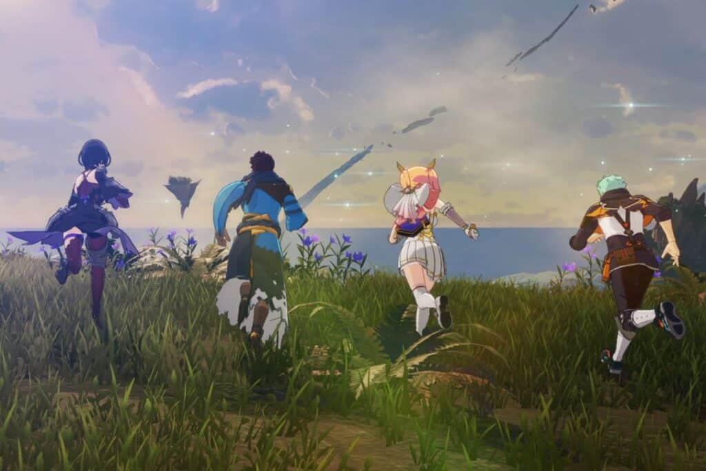 Quatre personnages animés courant dans un paysage fantastique.