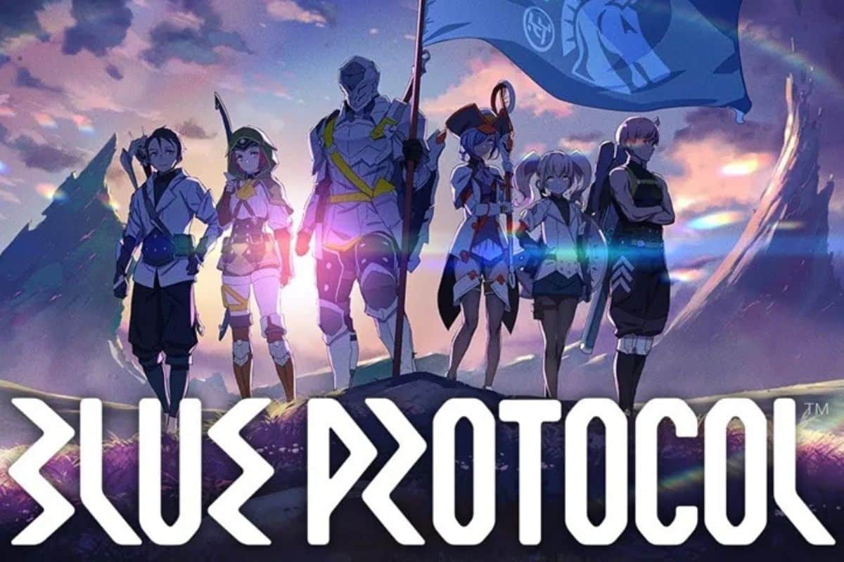 Personnages de Blue Protocol en groupe avec drapeau.