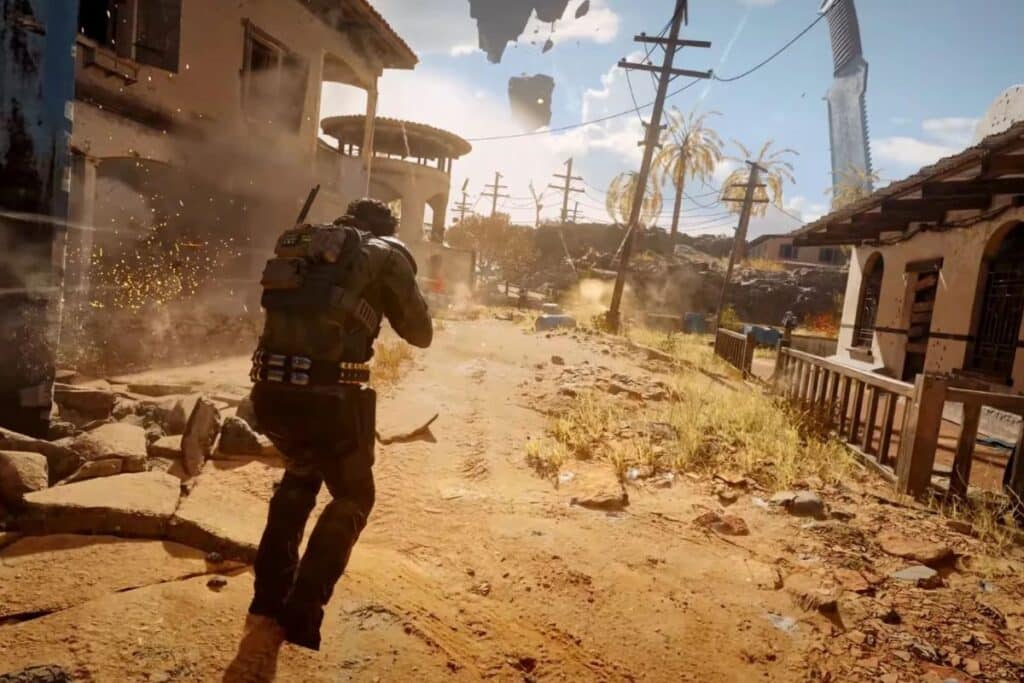 Soldat courant dans un paysage désertique.