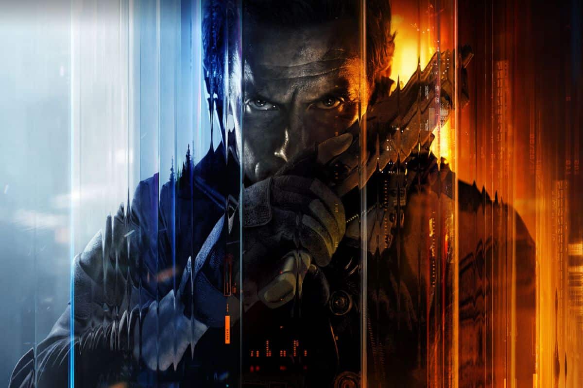 Homme armé avec fond bleu et orange