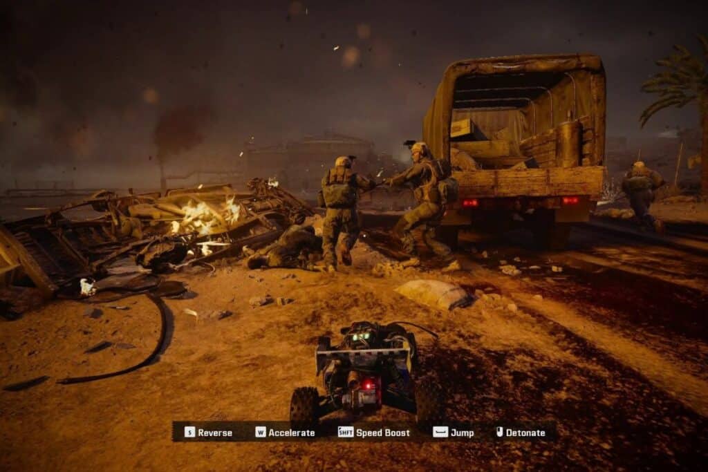 Combat militaire près de camion en feu.