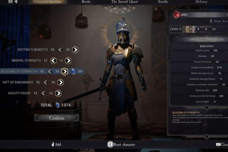 Écran de jeu avec personnage et statistiques affichées.