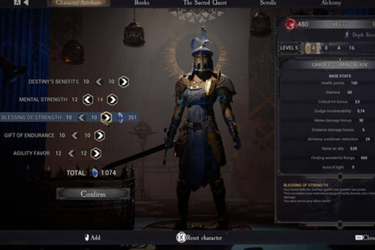 Écran de jeu avec personnage et statistiques affichées.