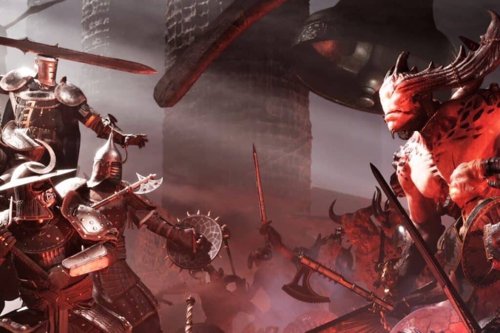 Bataille épique entre chevaliers et créatures démoniaques.