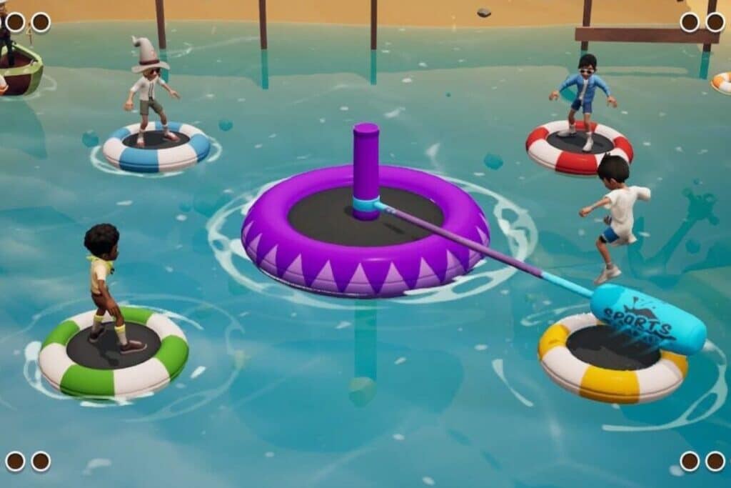Personnages sur plateformes gonflables dans l'eau.