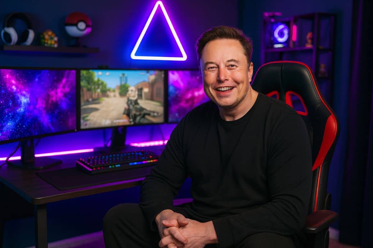 Personne souriante devant écran, ambiance néon.