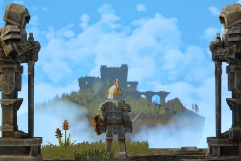 Chevalier pixelisé regardant un château distant.