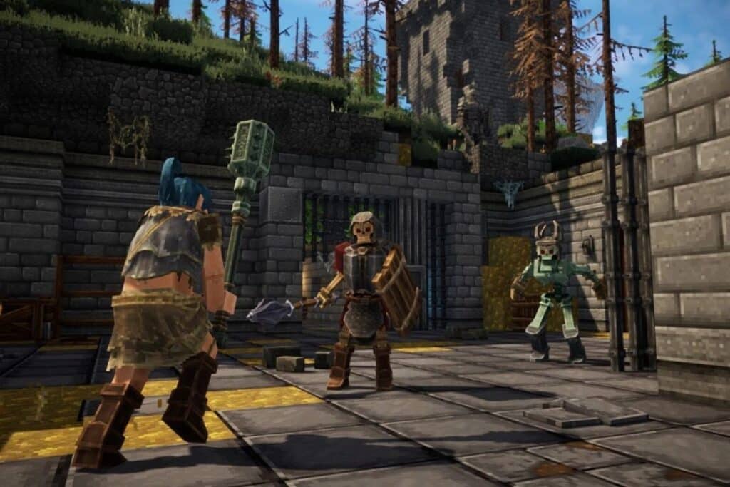 Jeu vidéo médiéval avec personnages en combat.