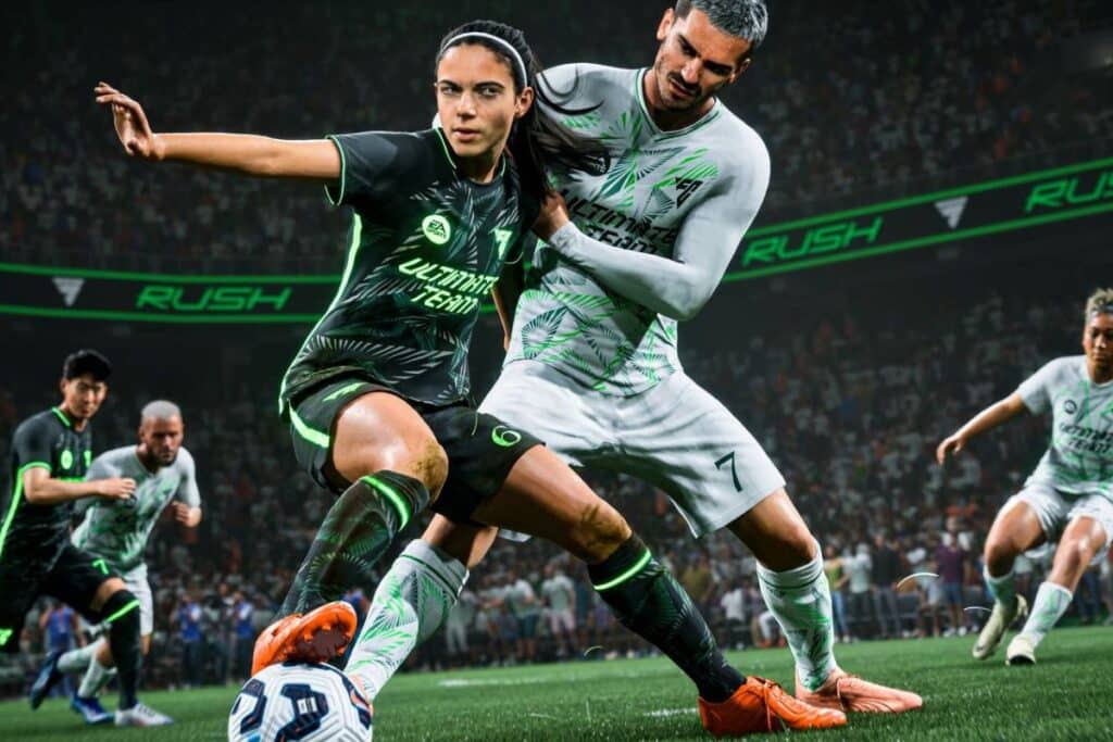 Joueurs de football en action sur le terrain.