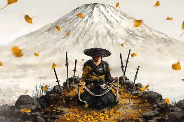 Samouraï méditant devant un mont enneigé.