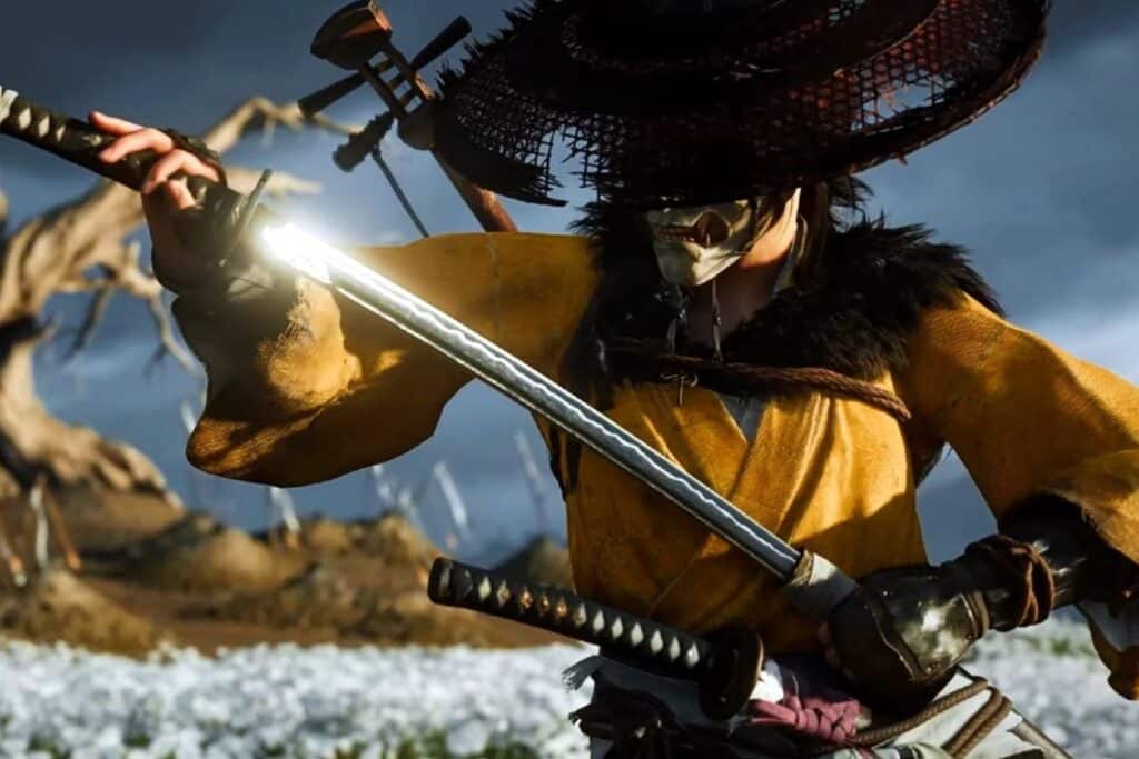 Samouraï masqué tenant un katana brillant.