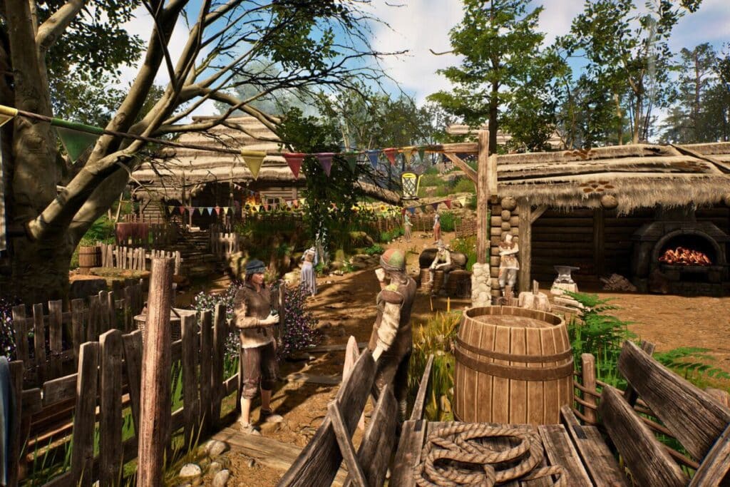 Scène de village médiéval animé avec personnages.