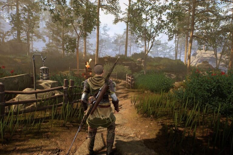 Personnage dans forêt médiévale, jeu vidéo.