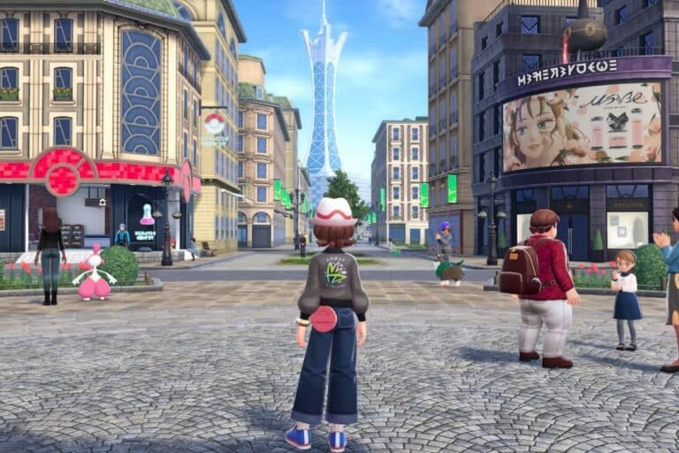 Personnage regarde ville animée avec gratte-ciel.