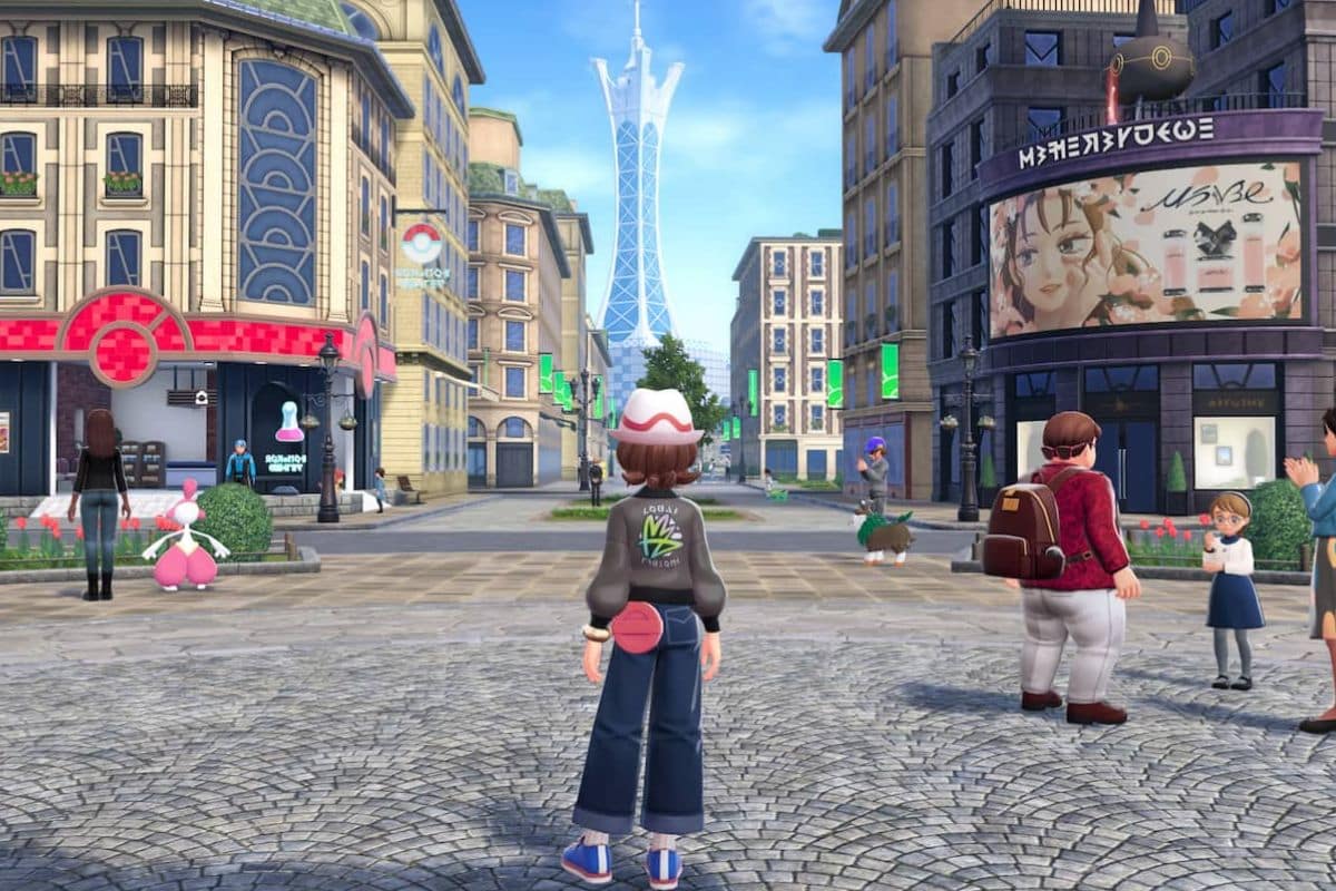 Personnage regarde ville animée avec gratte-ciel.