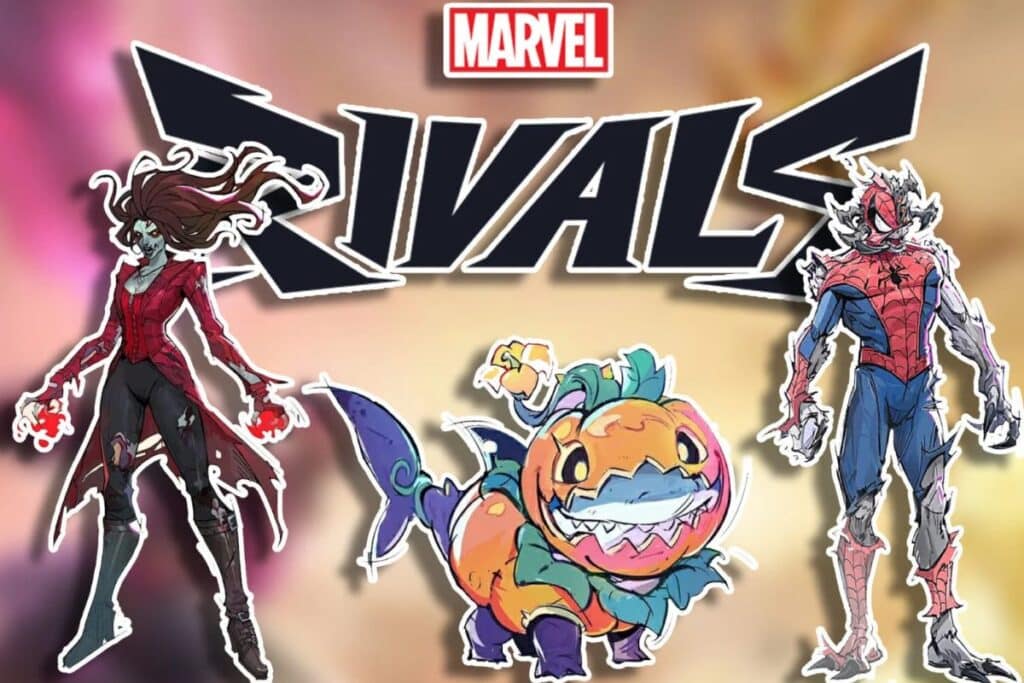 Illustration de personnages Marvel et mascotte colorée.