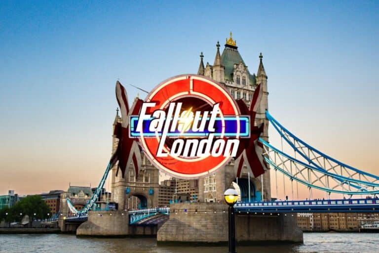 Logo Fallout London sur pont iconique.