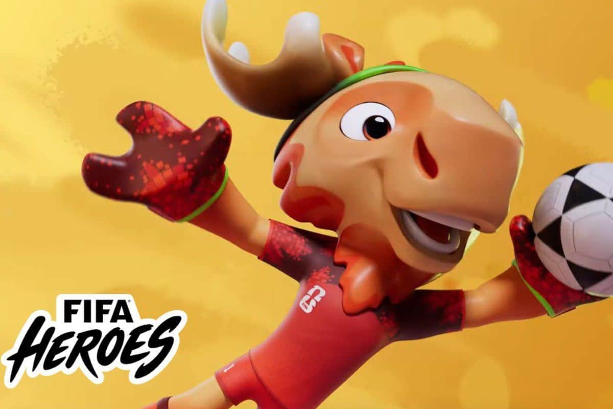 Mascotte football animée avec ballon, fond jaune.