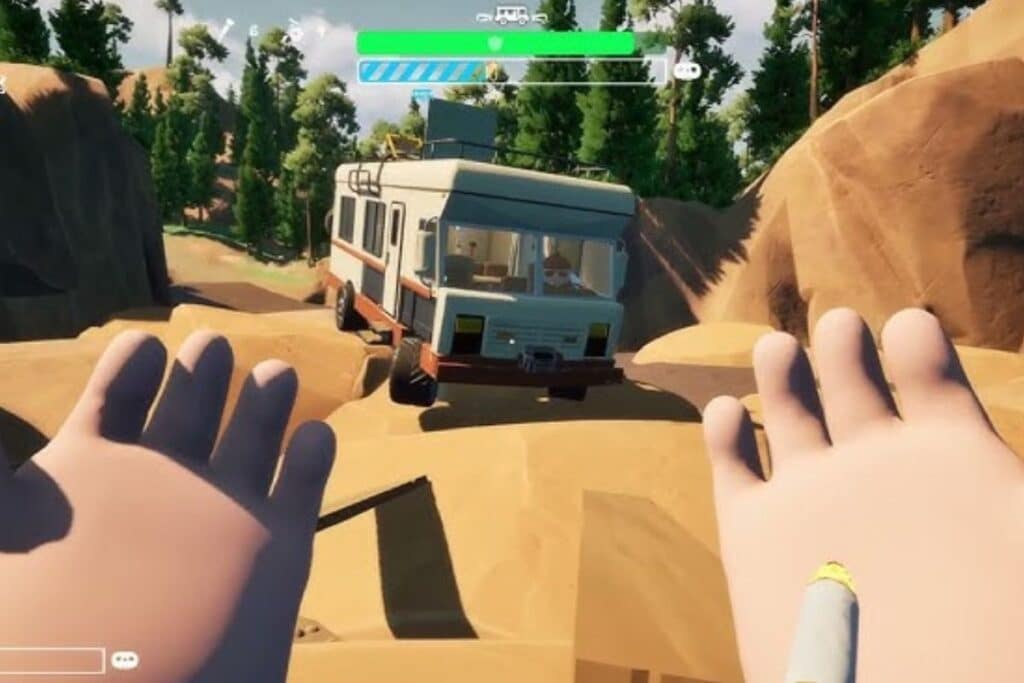 Camper bloqué sur terrain rocailleux, mains au premier plan.