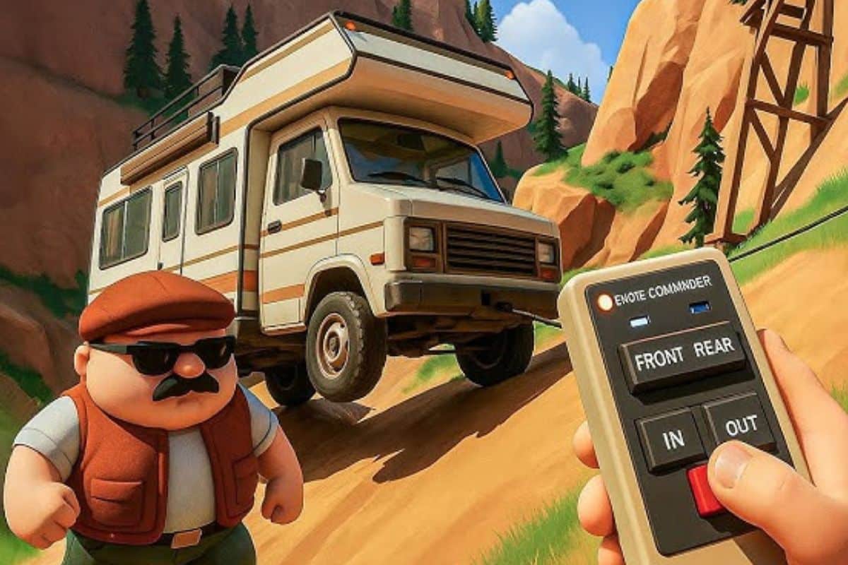 Homme moustachu avec un camping-car et télécommande.