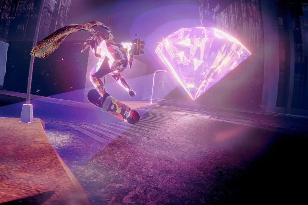 Personne avec skateboard sous un diamant lumineux.