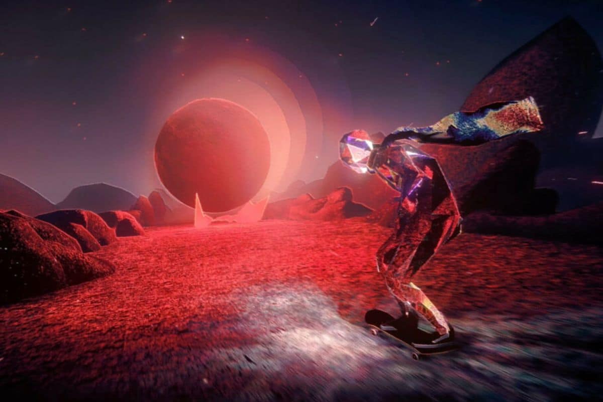 Skateur en cristal sur planète rouge surréaliste.
