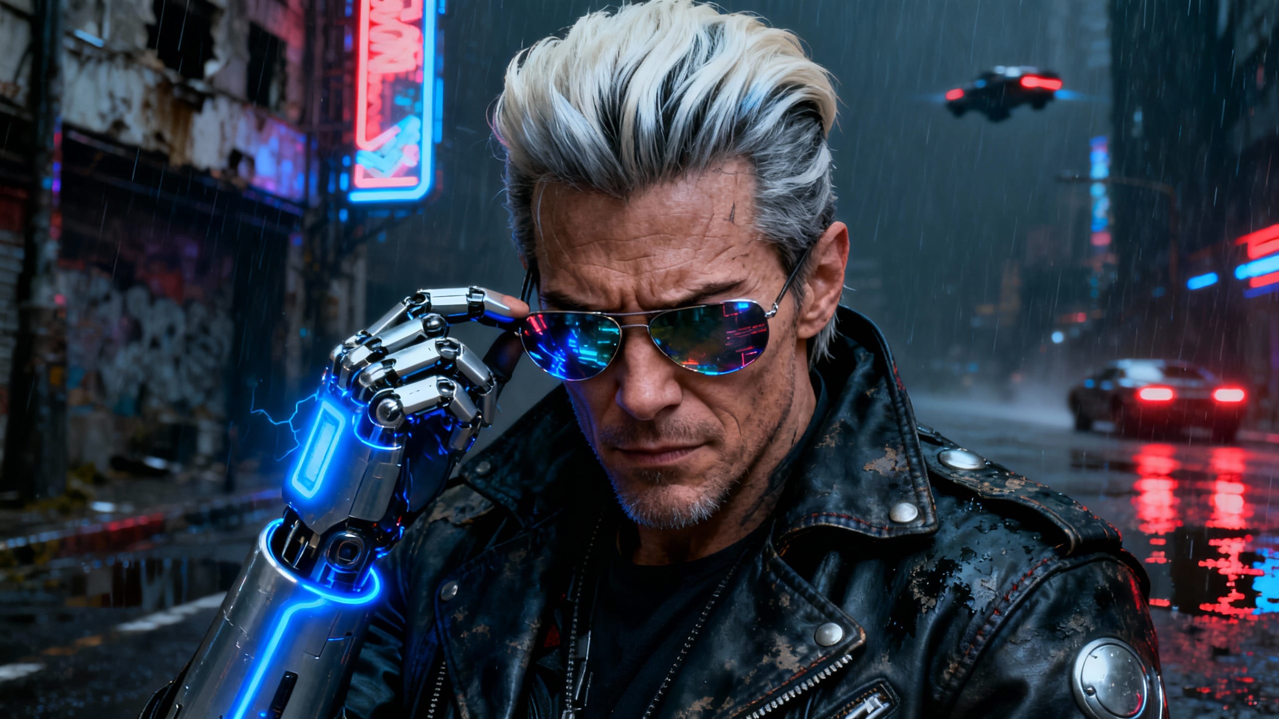 Homme avec bras cybernétique et lunettes, nuit pluvieuse.