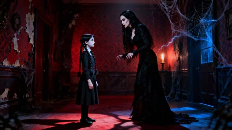 Deux personnages discutent dans une pièce sombre et gothique.