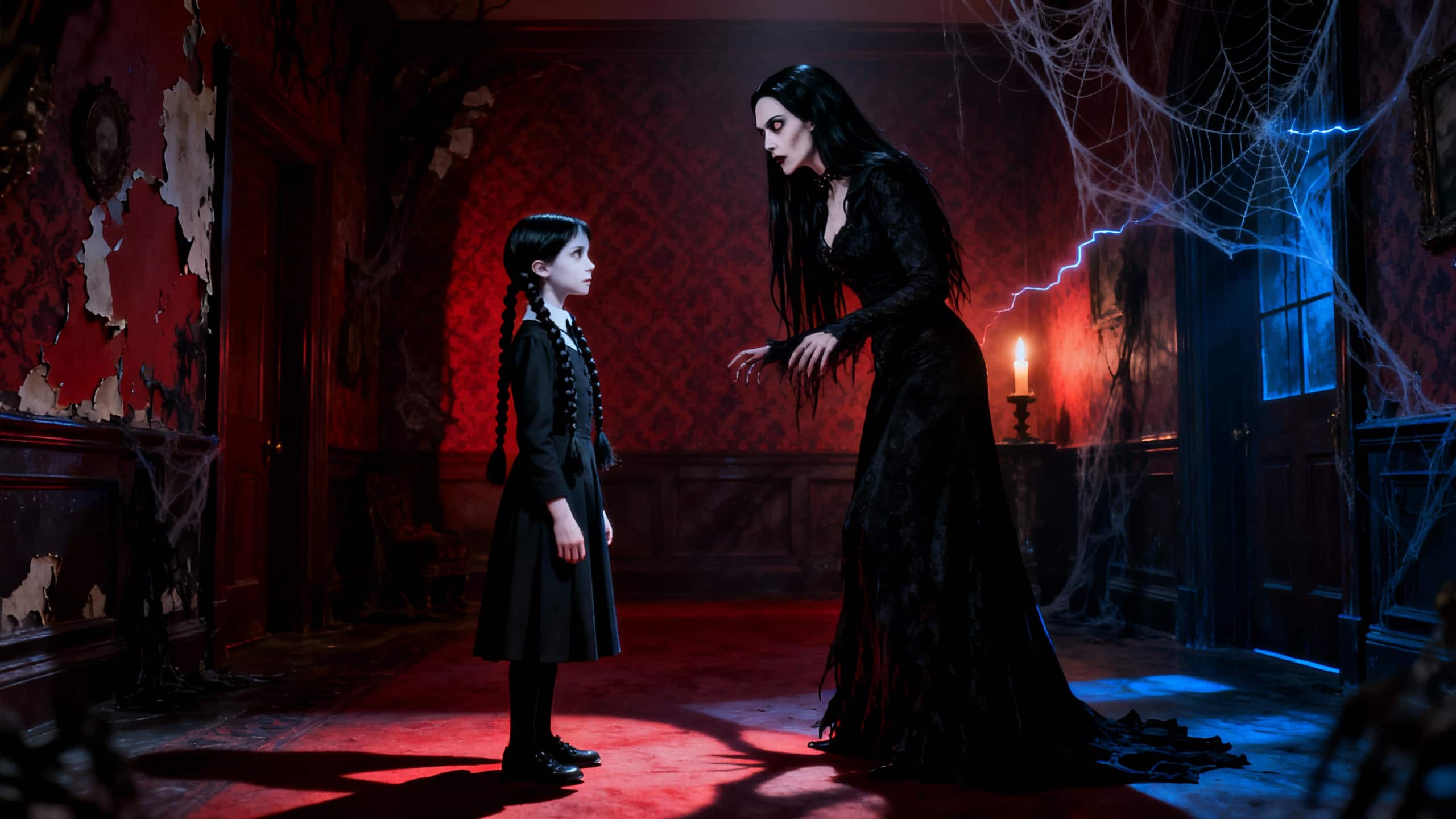 Deux personnages discutent dans une pièce sombre et gothique.