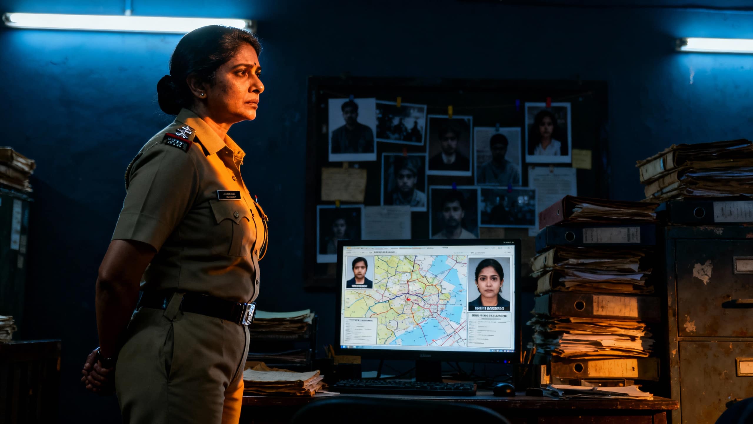 Officier de police dans un bureau avec dossiers.