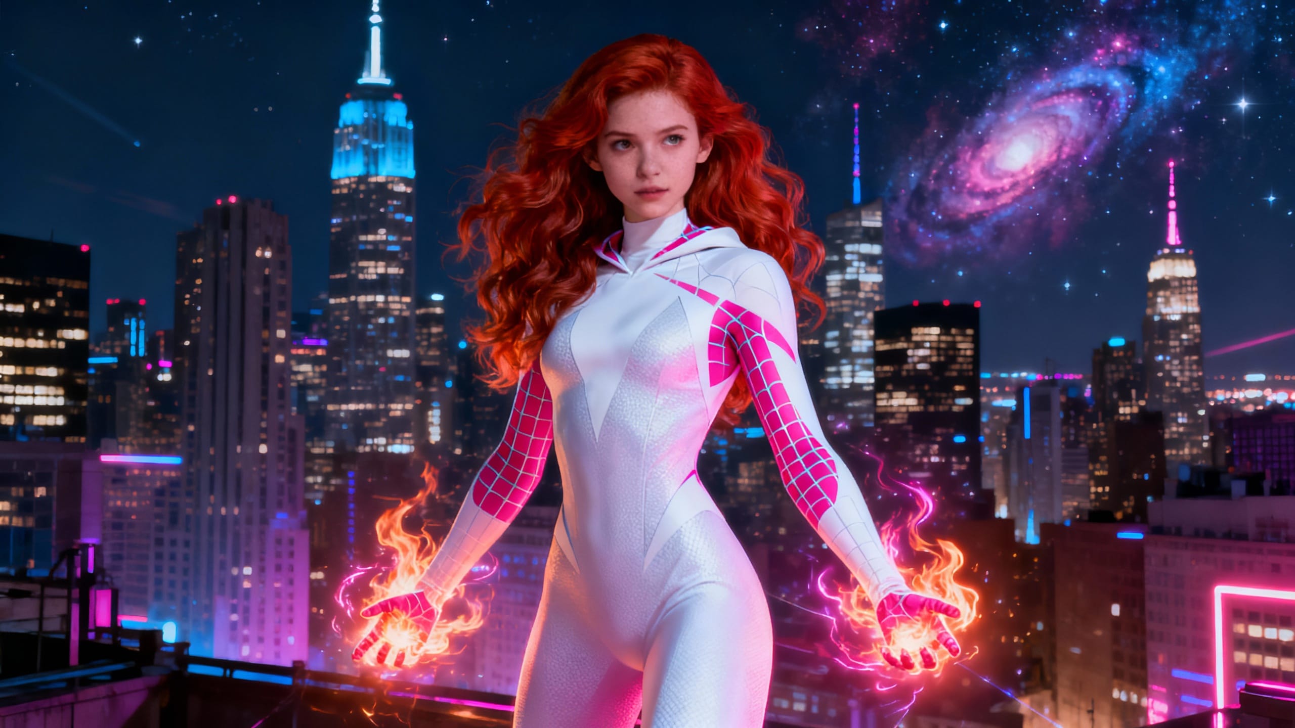 Super-héroïne en costume scintillant sur fond de ville.