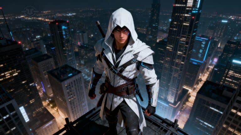 Personnage sur toit, tenue blanche, ville nocturne.