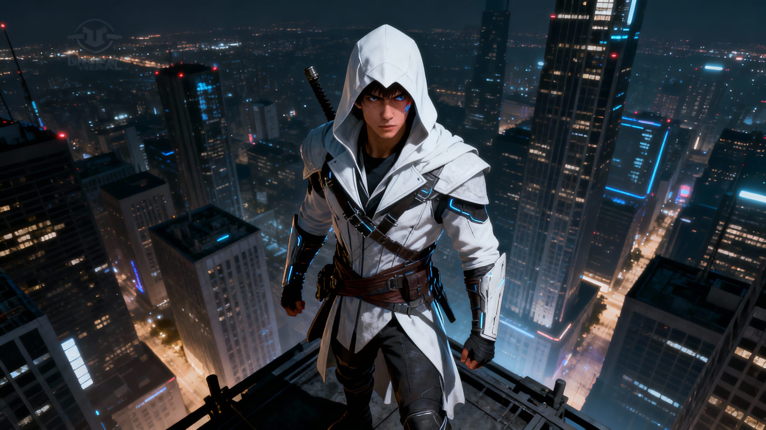 Personnage sur toit, tenue blanche, ville nocturne.