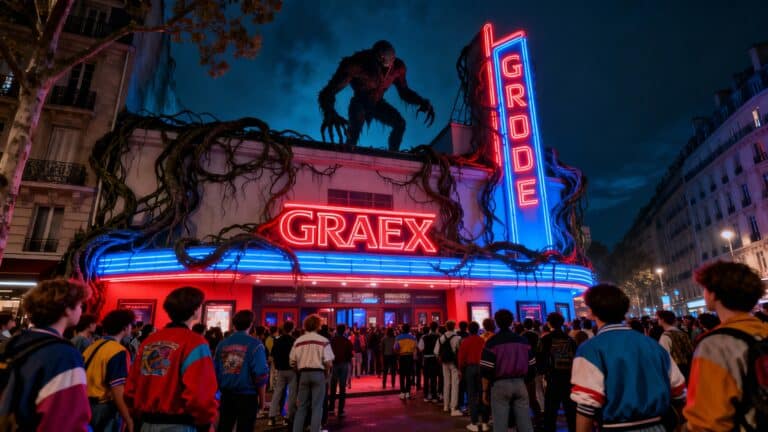 Cinéma avec créature sur le toit, foule en attente.