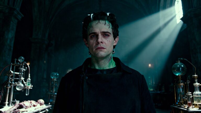 Homme au laboratoire, éclairage dramatique, ambiance sombre.