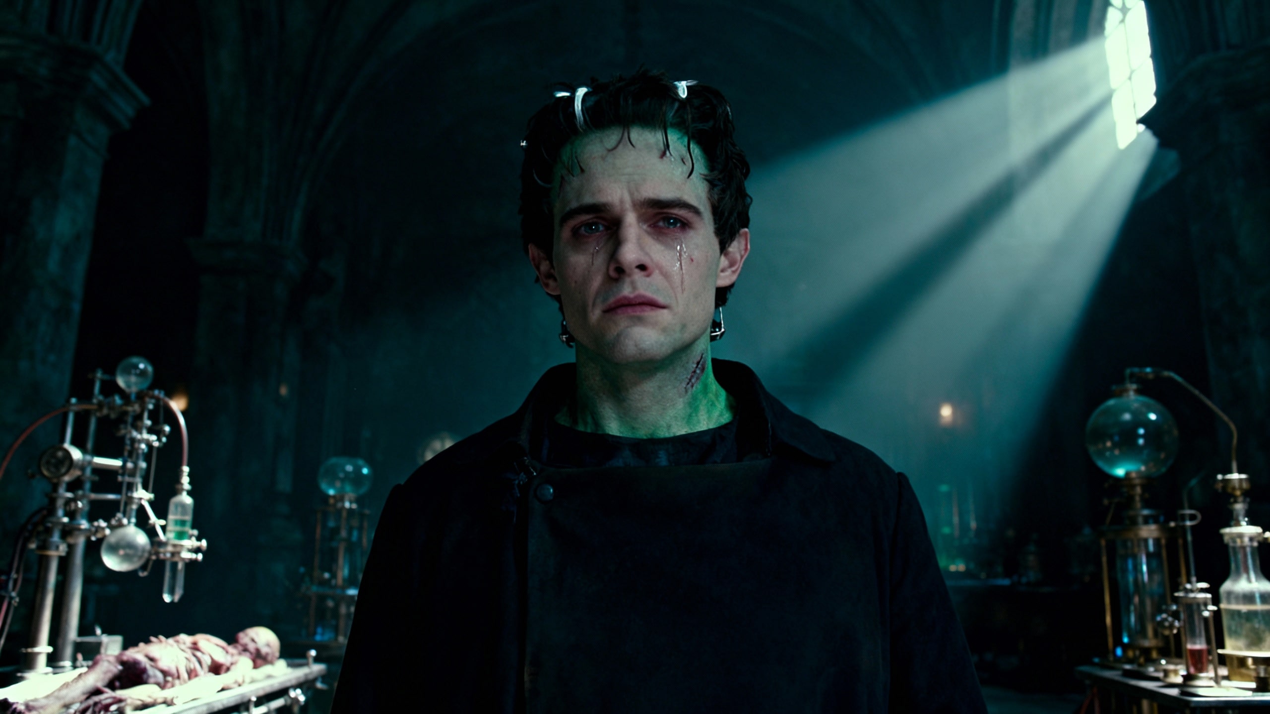 Homme au laboratoire, éclairage dramatique, ambiance sombre.