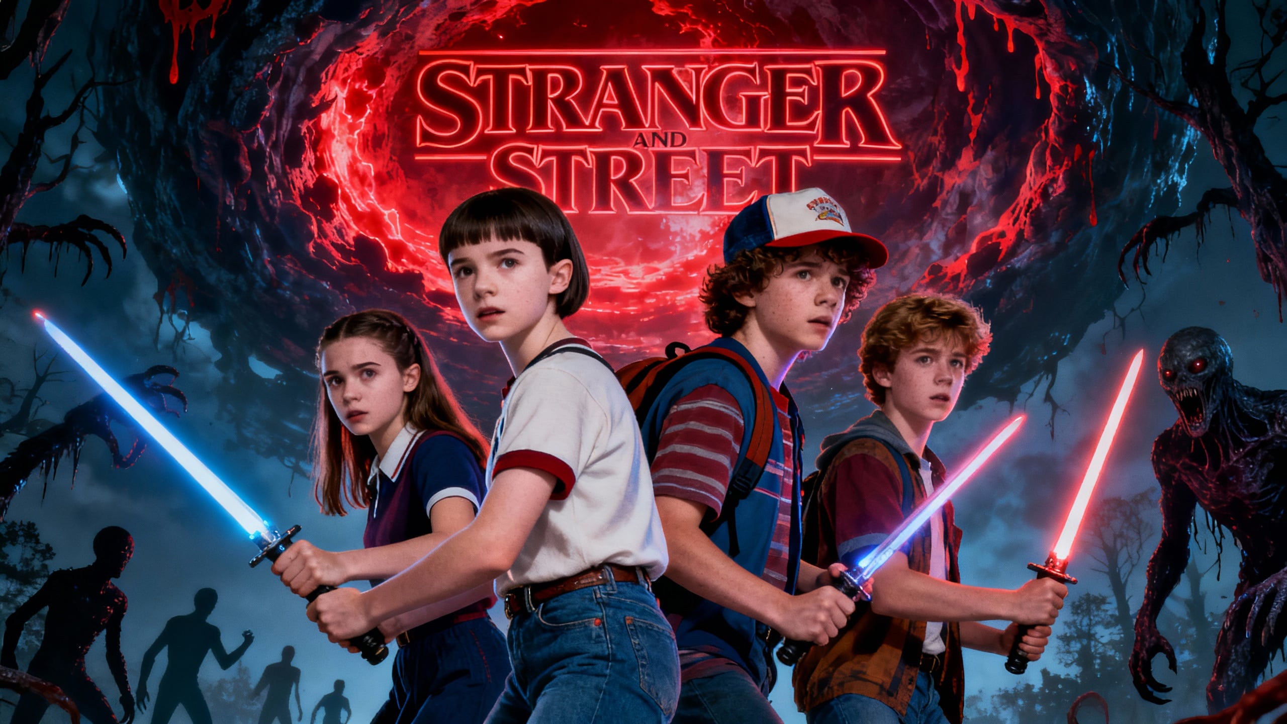 Quatre jeunes avec épées lumineuses, forêt sombre.