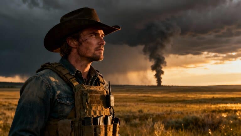 Homme en chapeau devant fumée, coucher de soleil.